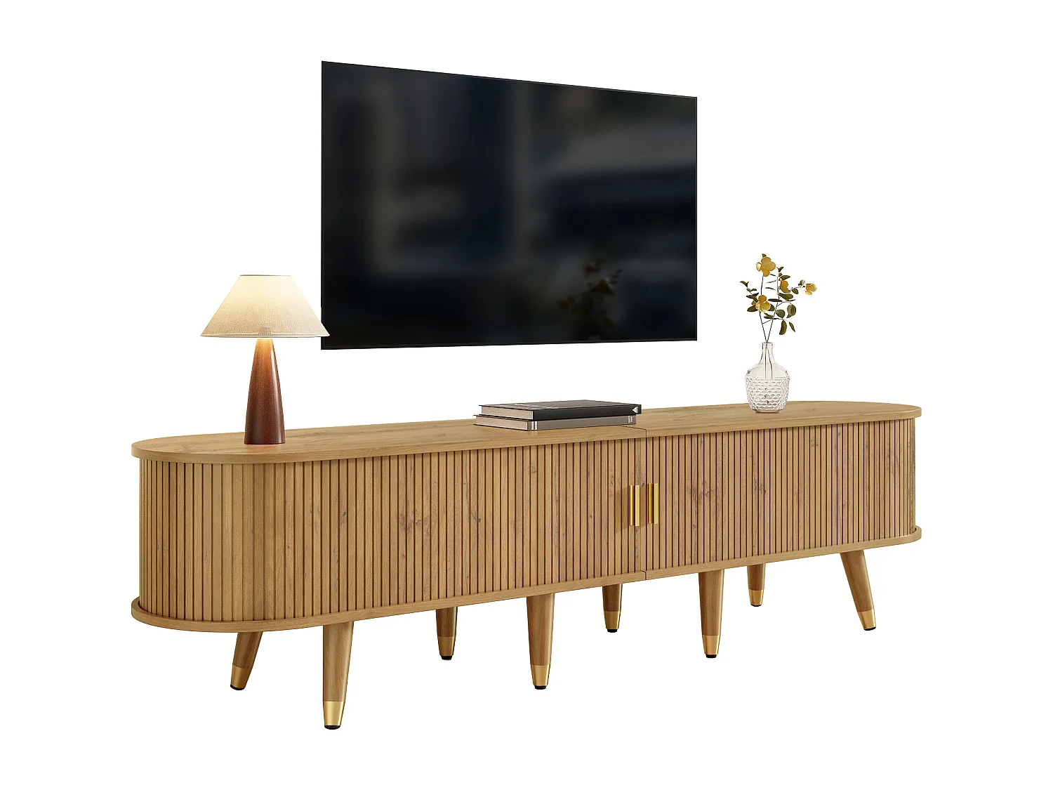 Meuble TV à portes coulissantes + 2 tiroirs - 175 x 38 x 45 cm - design unique - MDF - naturel foncé