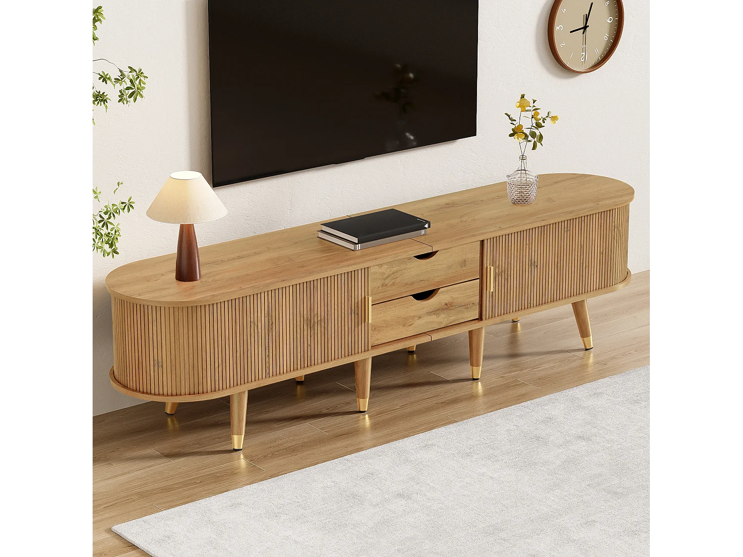 Meuble TV à portes coulissantes + 2 tiroirs - 175 x 38 x 45 cm - design unique - MDF - naturel foncé