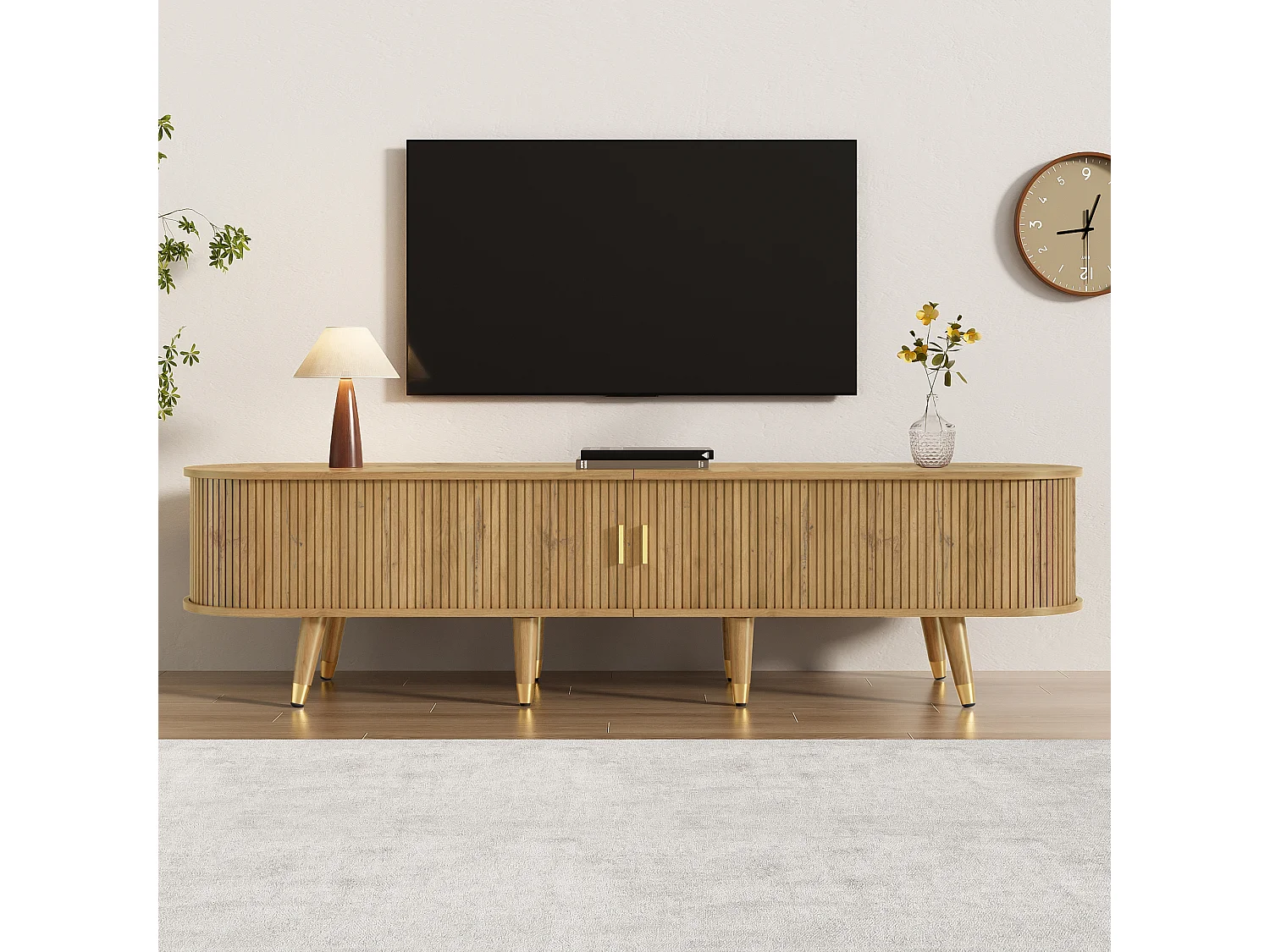 Meuble TV à portes coulissantes + 2 tiroirs - 175 x 38 x 45 cm - design unique - MDF - naturel foncé