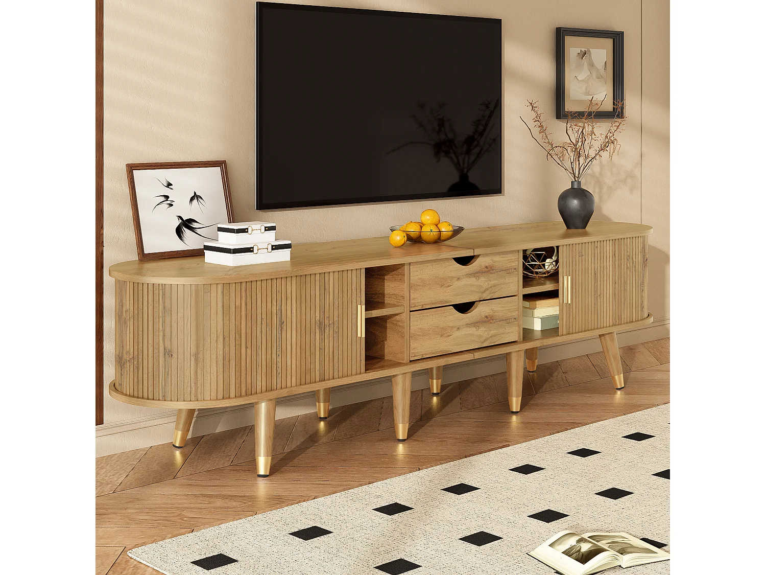 Meuble TV à portes coulissantes + 2 tiroirs - 175 x 38 x 45 cm - design unique - MDF - naturel foncé