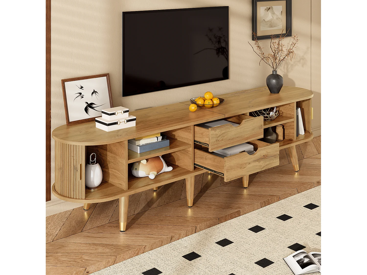 Meuble TV à portes coulissantes + 2 tiroirs - 175 x 38 x 45 cm - design unique - MDF - naturel foncé