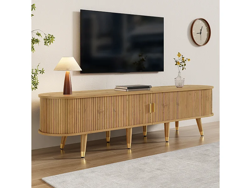 TV-Möbel mit Schiebetüren und 2 Schubladen – 175 x 38 x 45 cm – einzigartiges Design – MDF – dunkel natur