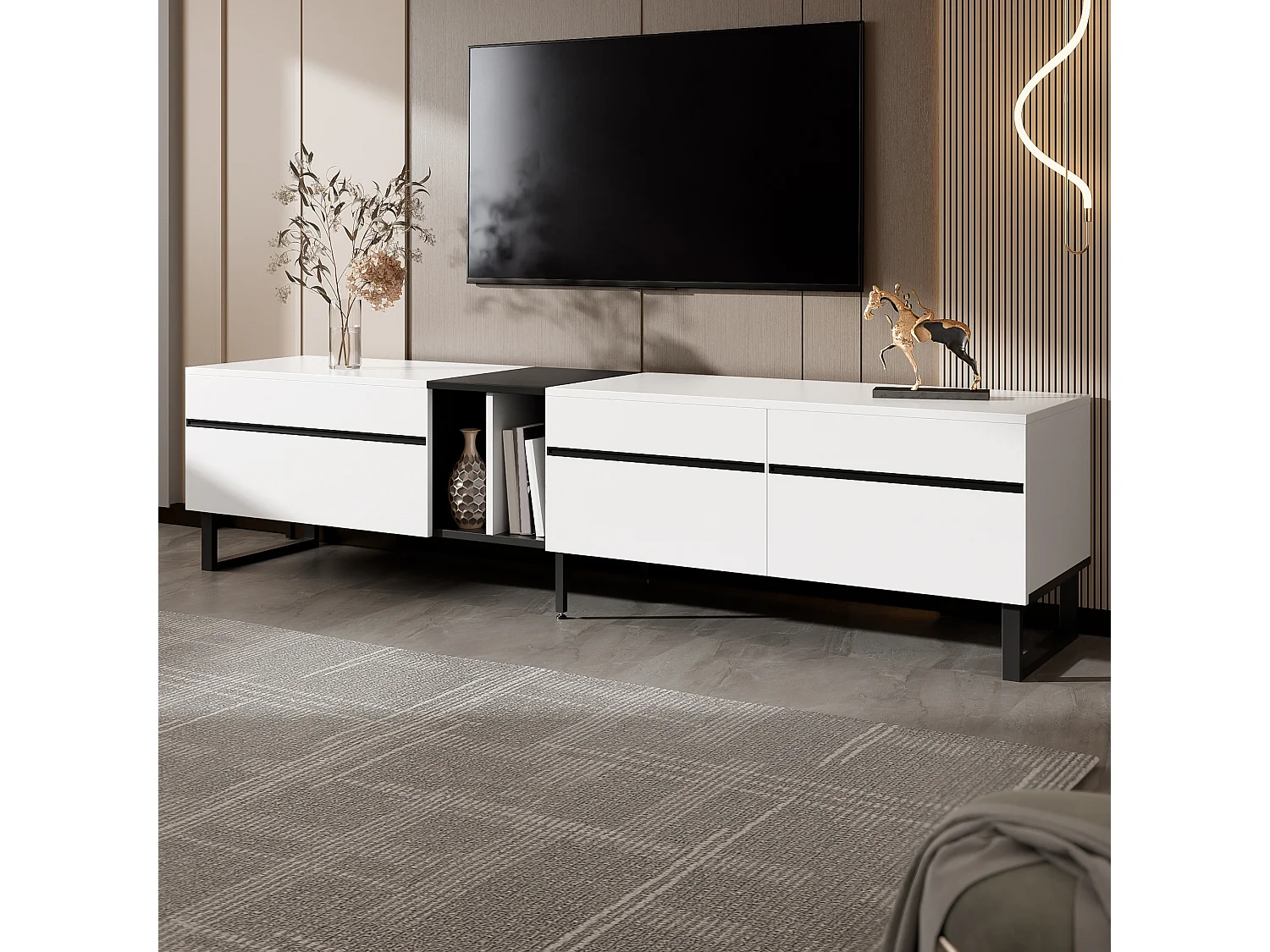 Moderner, niedriger TV-Ständer – 180 x 38 x 45 cm – mit 3 Türen + offenen Regalen – Spanplatte – weiß