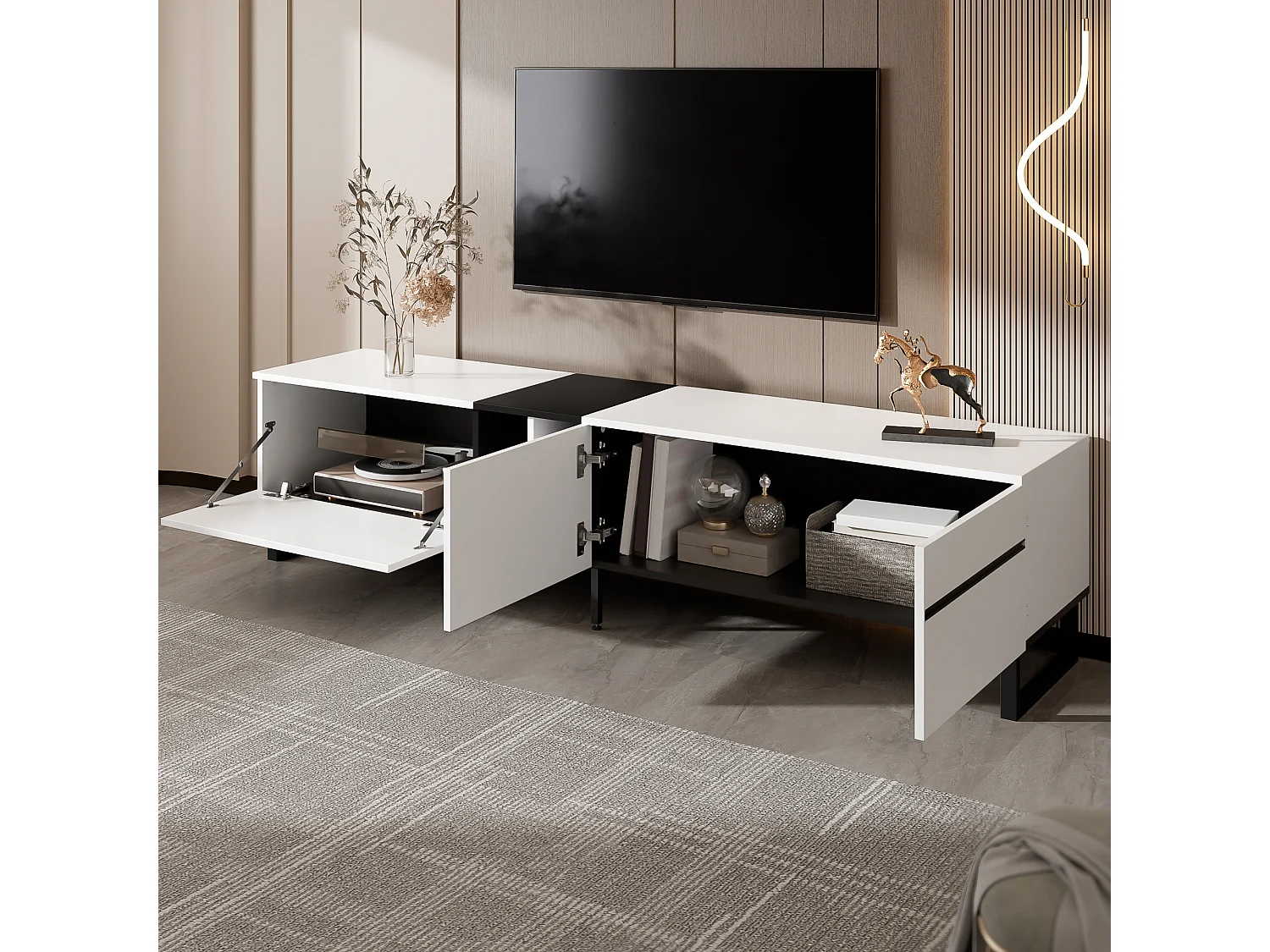 Moderner, niedriger TV-Ständer – 180 x 38 x 45 cm – mit 3 Türen + offenen Regalen – Spanplatte – weiß