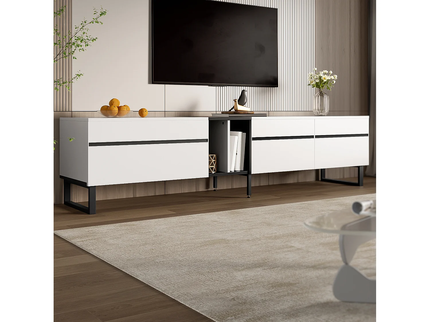 Moderner, niedriger TV-Ständer – 180 x 38 x 45 cm – mit 3 Türen + offenen Regalen – Spanplatte – weiß