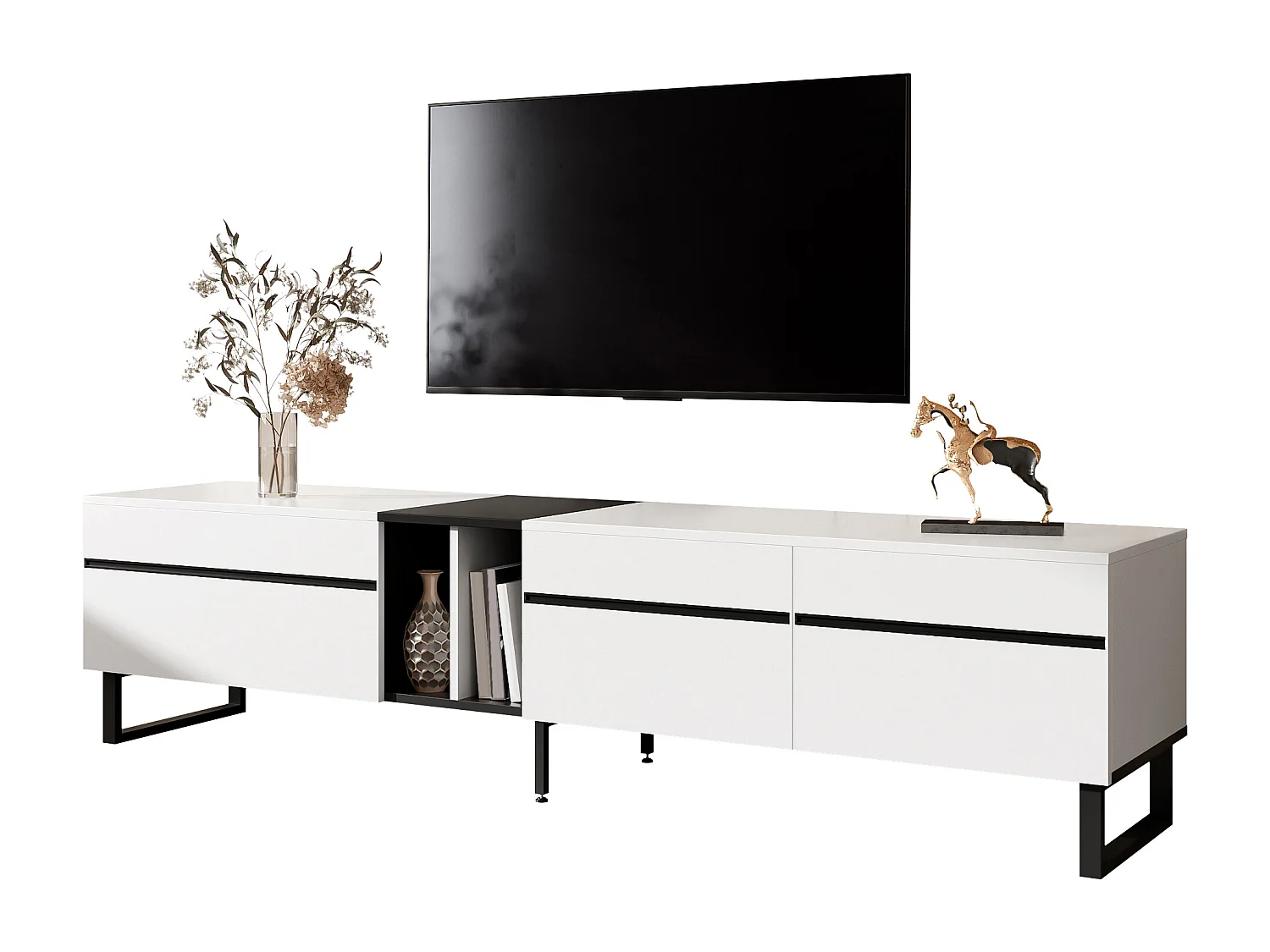 Meuble TV bas moderne  - 180 x 38 x 45 cm - avec 3 portes + étagères ouvertes - aggloméré - blanc