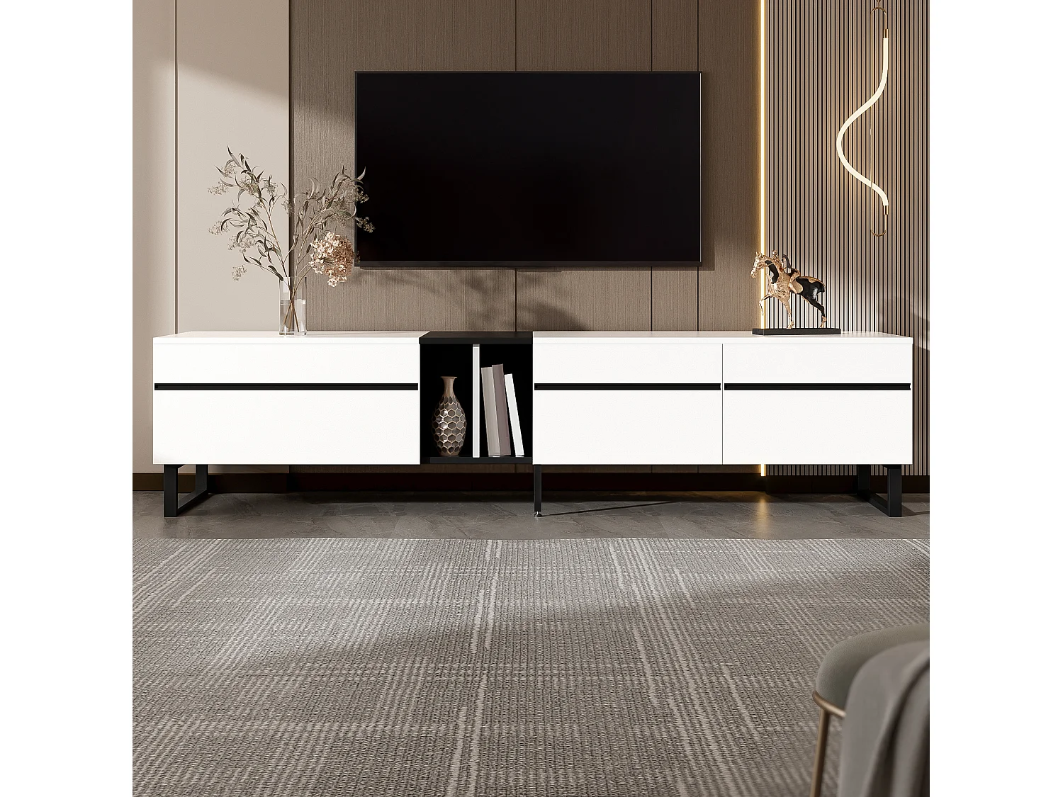 Meuble TV bas moderne  - 180 x 38 x 45 cm - avec 3 portes + étagères ouvertes - aggloméré - blanc