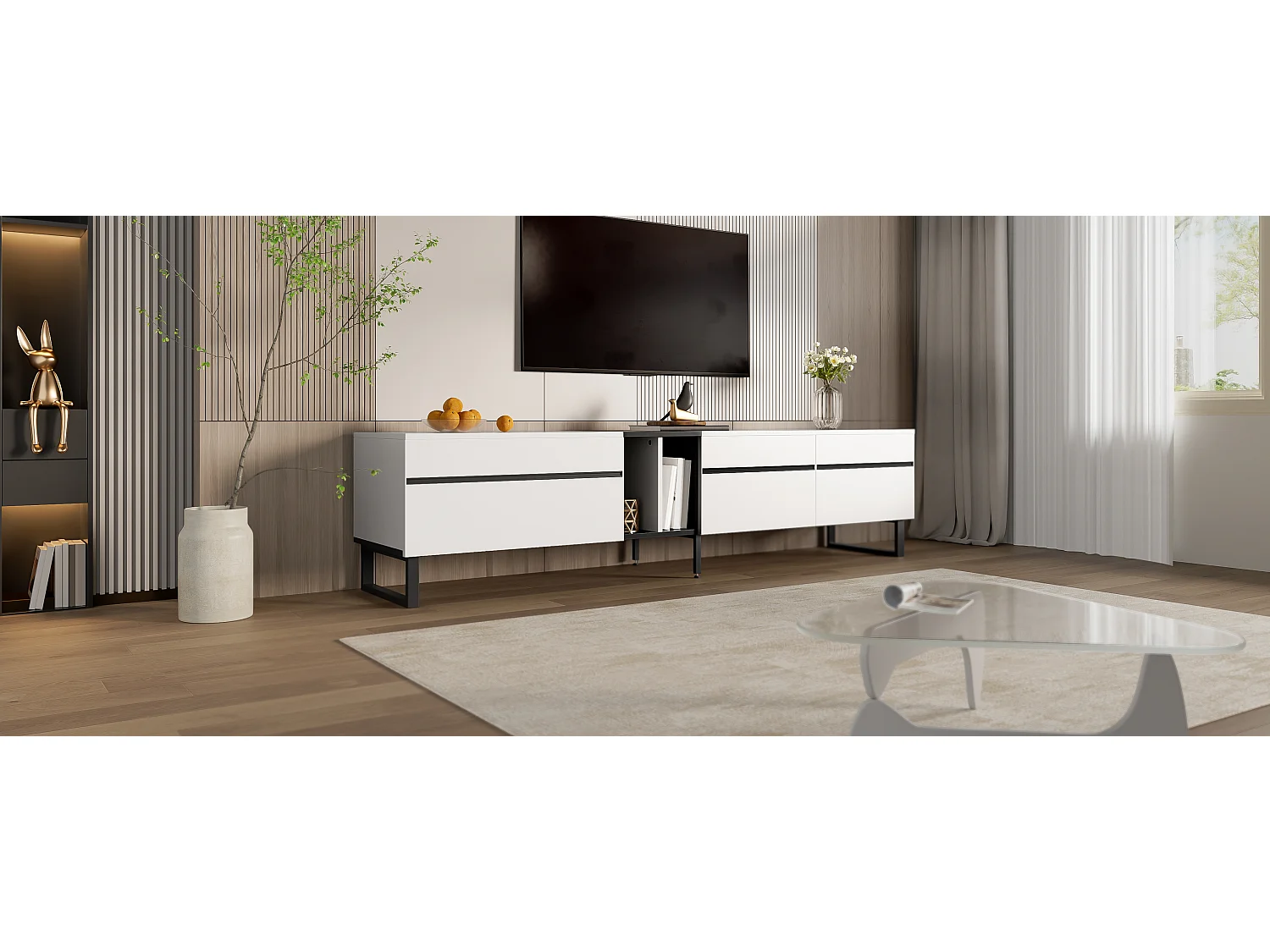 Meuble TV bas moderne  - 180 x 38 x 45 cm - avec 3 portes + étagères ouvertes - aggloméré - blanc