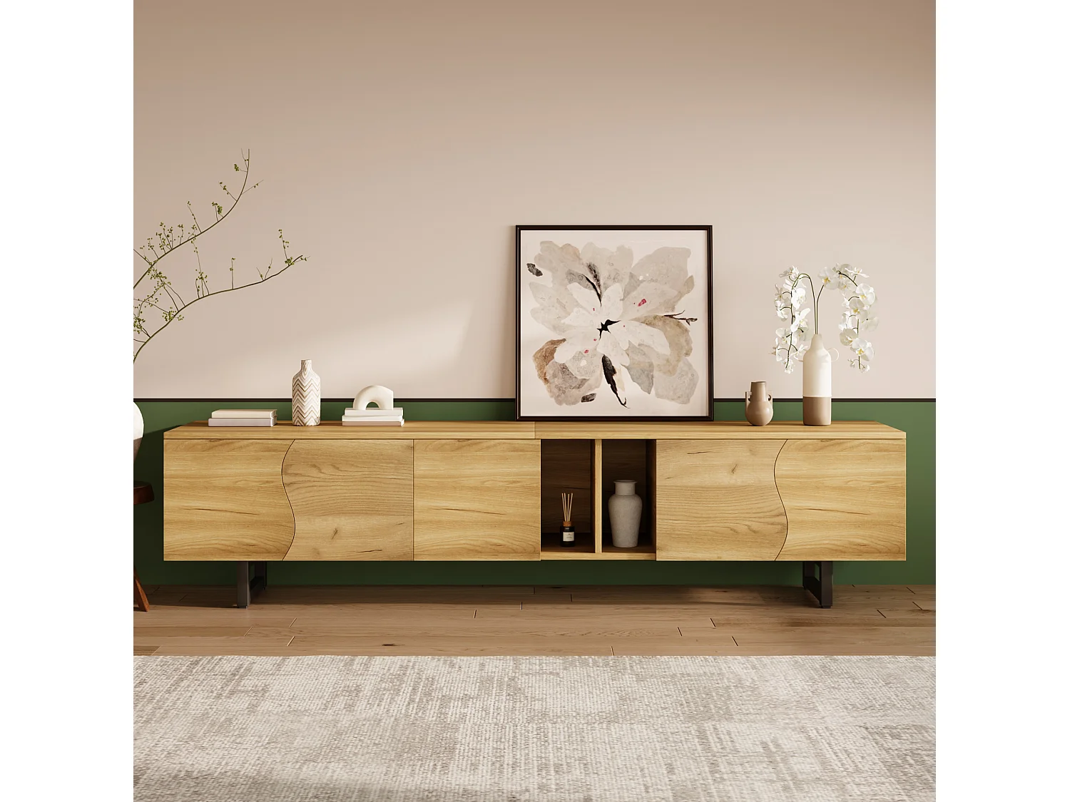 Moderner TV-Ständer – 191 x 38 x 46,5 cm – mit 5 Türen – einzigartiges Design – MDF + Spanplatte – natur