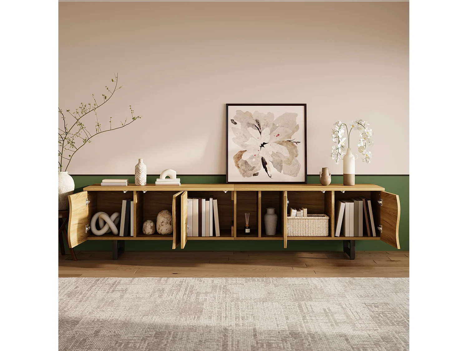 Moderner TV-Ständer – 191 x 38 x 46,5 cm – mit 5 Türen – einzigartiges Design – MDF + Spanplatte – natur