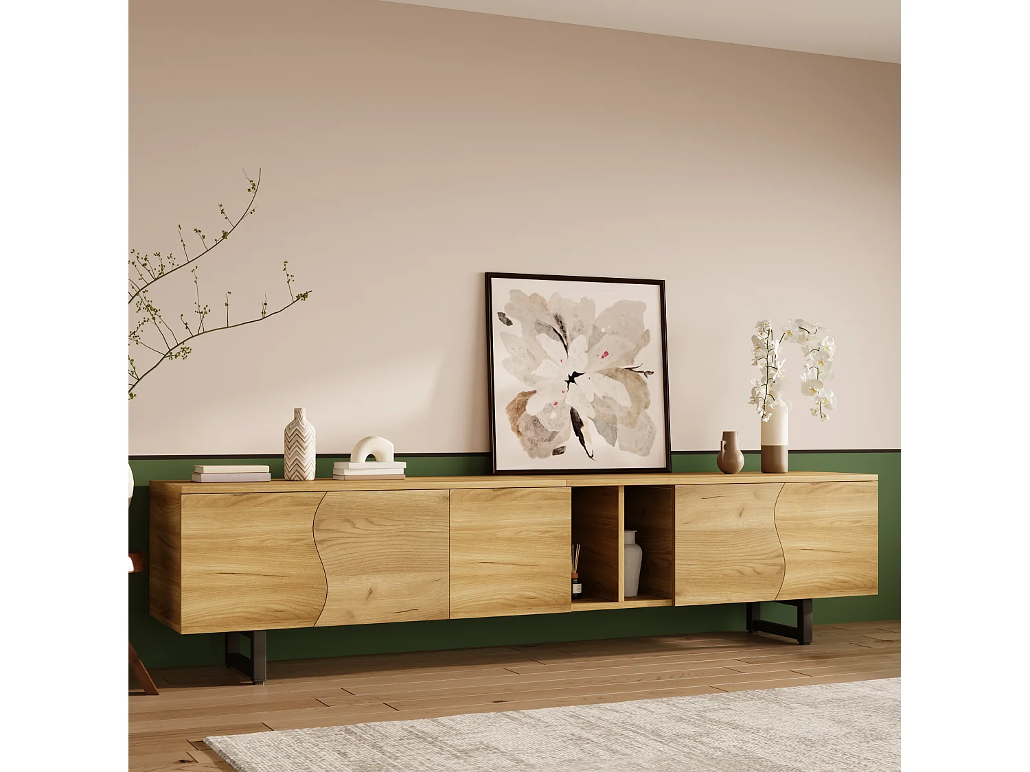 Moderner TV-Ständer – 191 x 38 x 46,5 cm – mit 5 Türen – einzigartiges Design – MDF + Spanplatte – natur