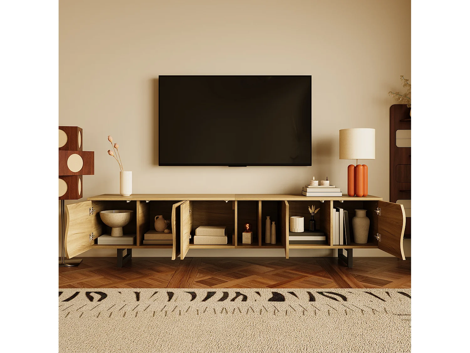 Moderner TV-Ständer – 191 x 38 x 46,5 cm – mit 5 Türen – einzigartiges Design – MDF + Spanplatte – natur