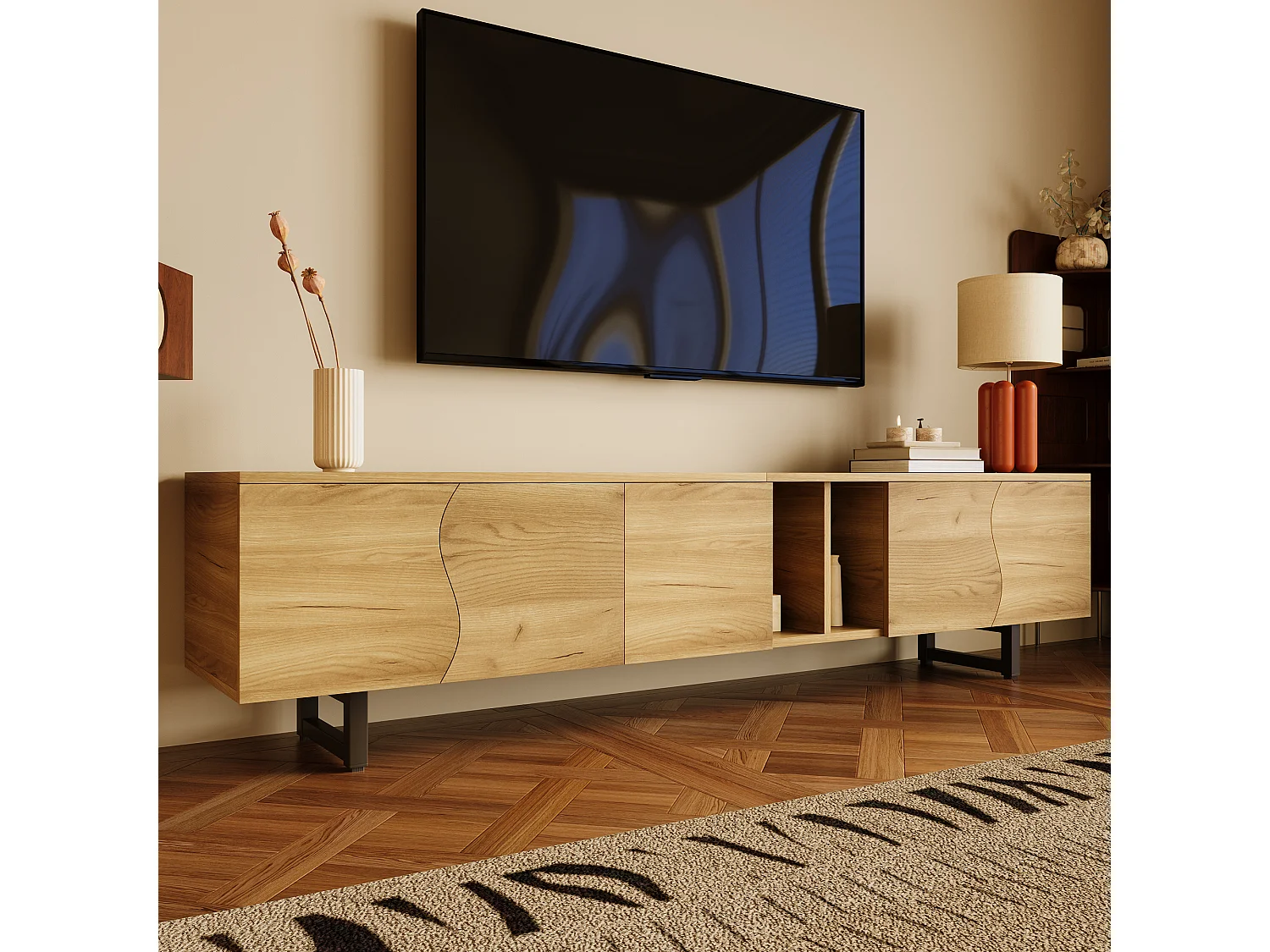 Moderner TV-Ständer – 191 x 38 x 46,5 cm – mit 5 Türen – einzigartiges Design – MDF + Spanplatte – natur
