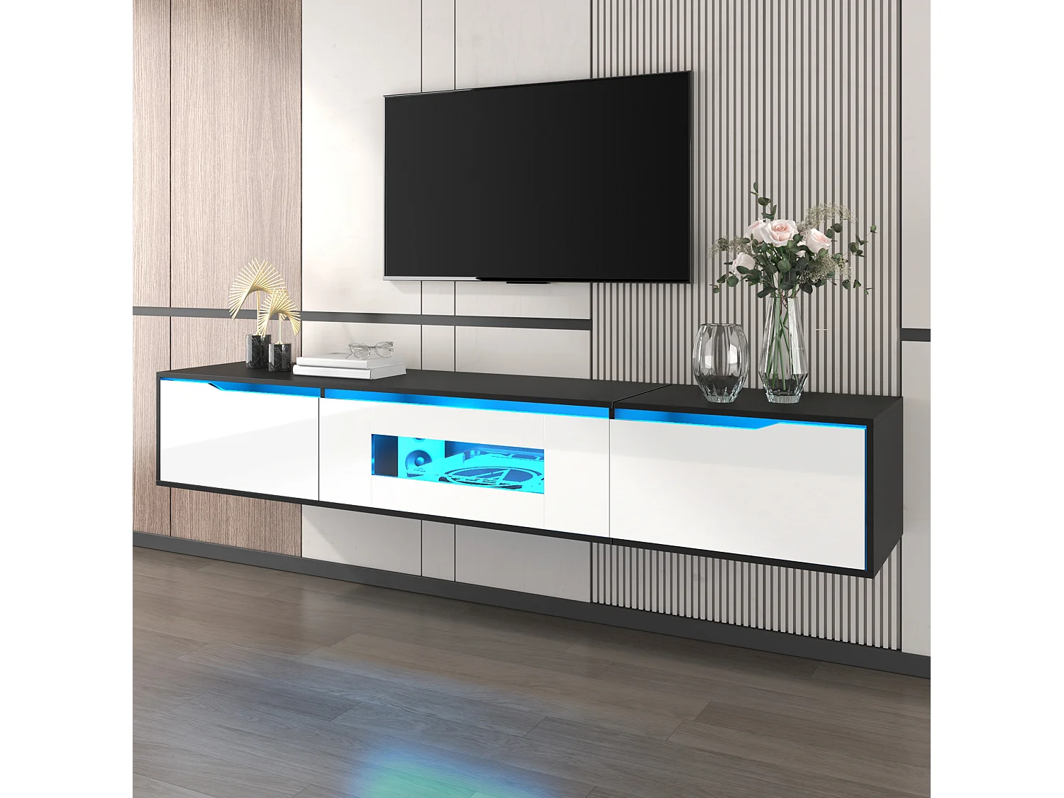 Hochglanzlackiertes TV-Möbel – 180 x 35 x 30 cm – mit 3 Türen + LEDs – zur Wandmontage oder freistehend – MDF + Spanplatte – weiß + schwarz