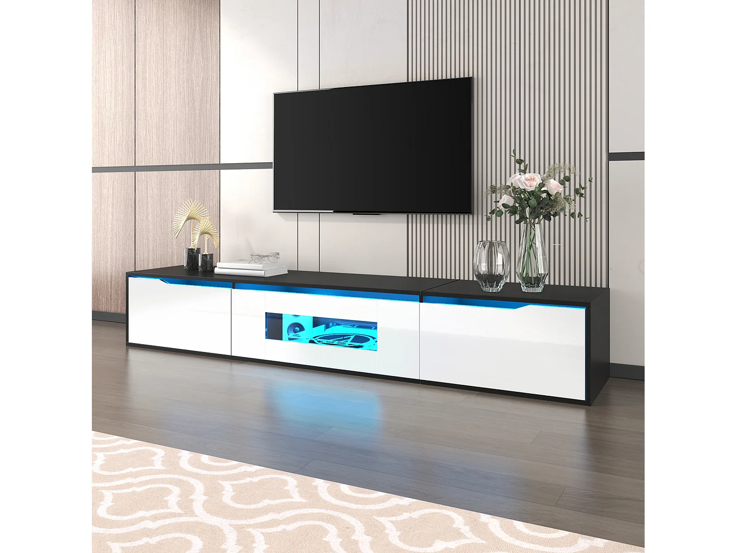 Hochglanzlackiertes TV-Möbel – 180 x 35 x 30 cm – mit 3 Türen + LEDs – zur Wandmontage oder freistehend – MDF + Spanplatte – weiß + schwarz