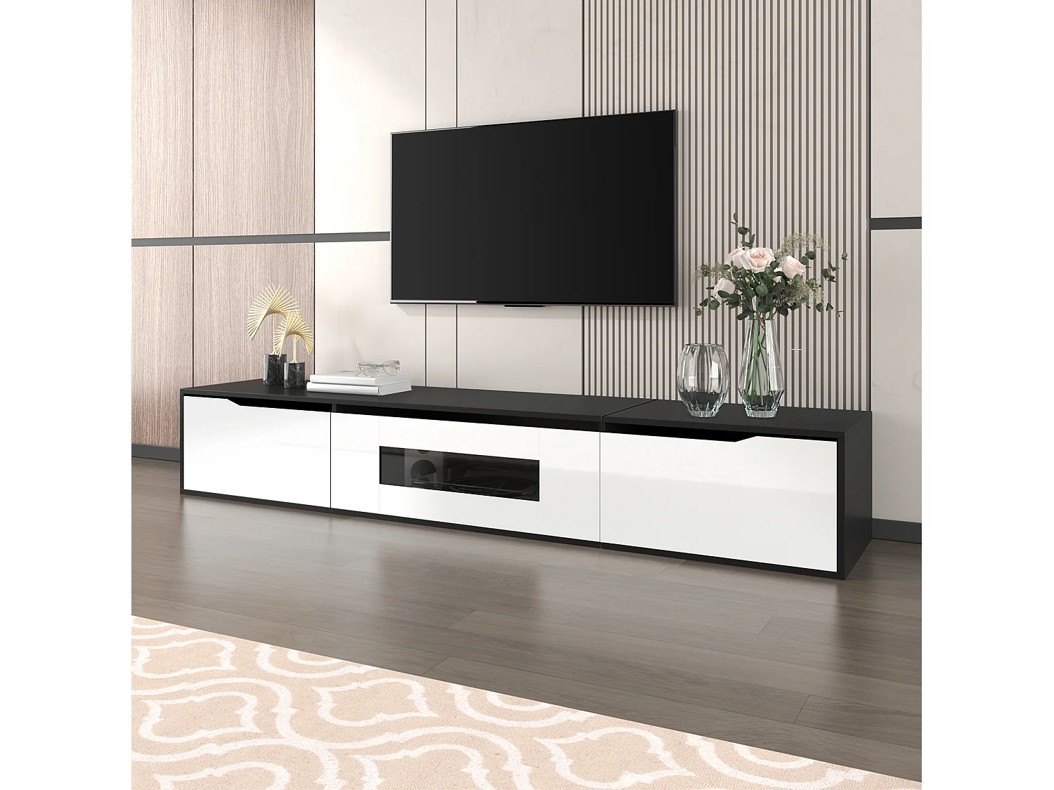 Hochglanzlackiertes TV-Möbel – 180 x 35 x 30 cm – mit 3 Türen + LEDs – zur Wandmontage oder freistehend – MDF + Spanplatte – weiß + schwarz