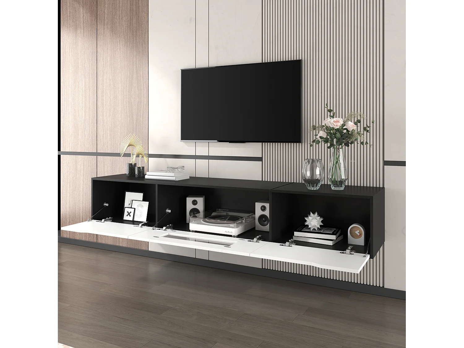 Hochglanzlackiertes TV-Möbel – 180 x 35 x 30 cm – mit 3 Türen + LEDs – zur Wandmontage oder freistehend – MDF + Spanplatte – weiß + schwarz