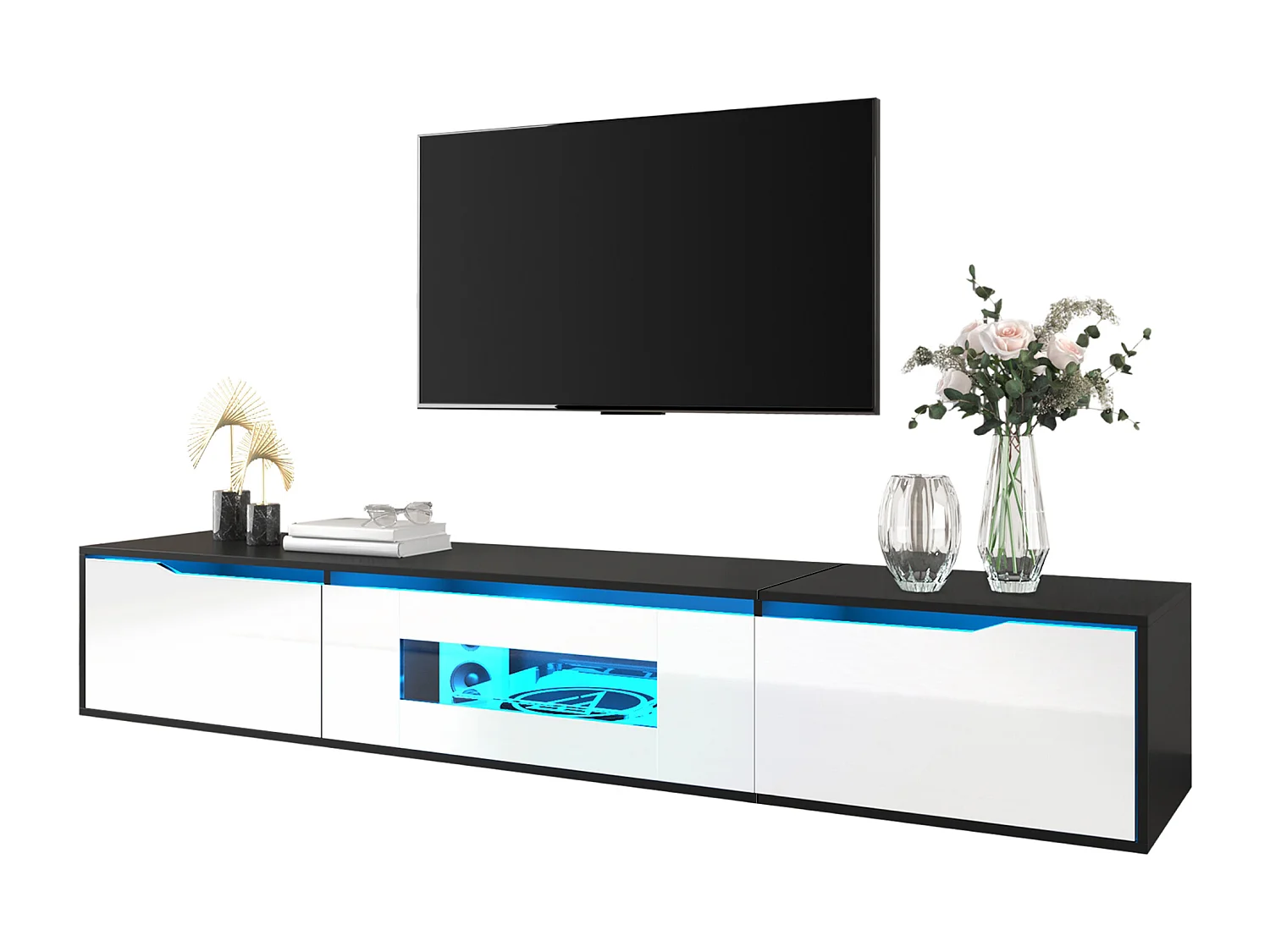 Meuble TV laquée brillante - 180 x 35 x 30 cm - avec 3 portes + Leds - suspendu ou posé - MDF + aggloméré - blanc + noir