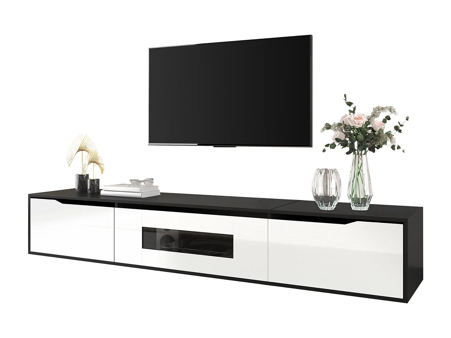 Meuble TV laquée brillante - 180 x 35 x 30 cm - avec 3 portes + Leds - suspendu ou posé - MDF + aggloméré - blanc + noir