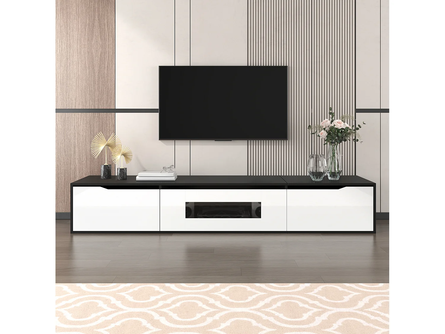 Meuble TV laquée brillante - 180 x 35 x 30 cm - avec 3 portes + Leds - suspendu ou posé - MDF + aggloméré - blanc + noir