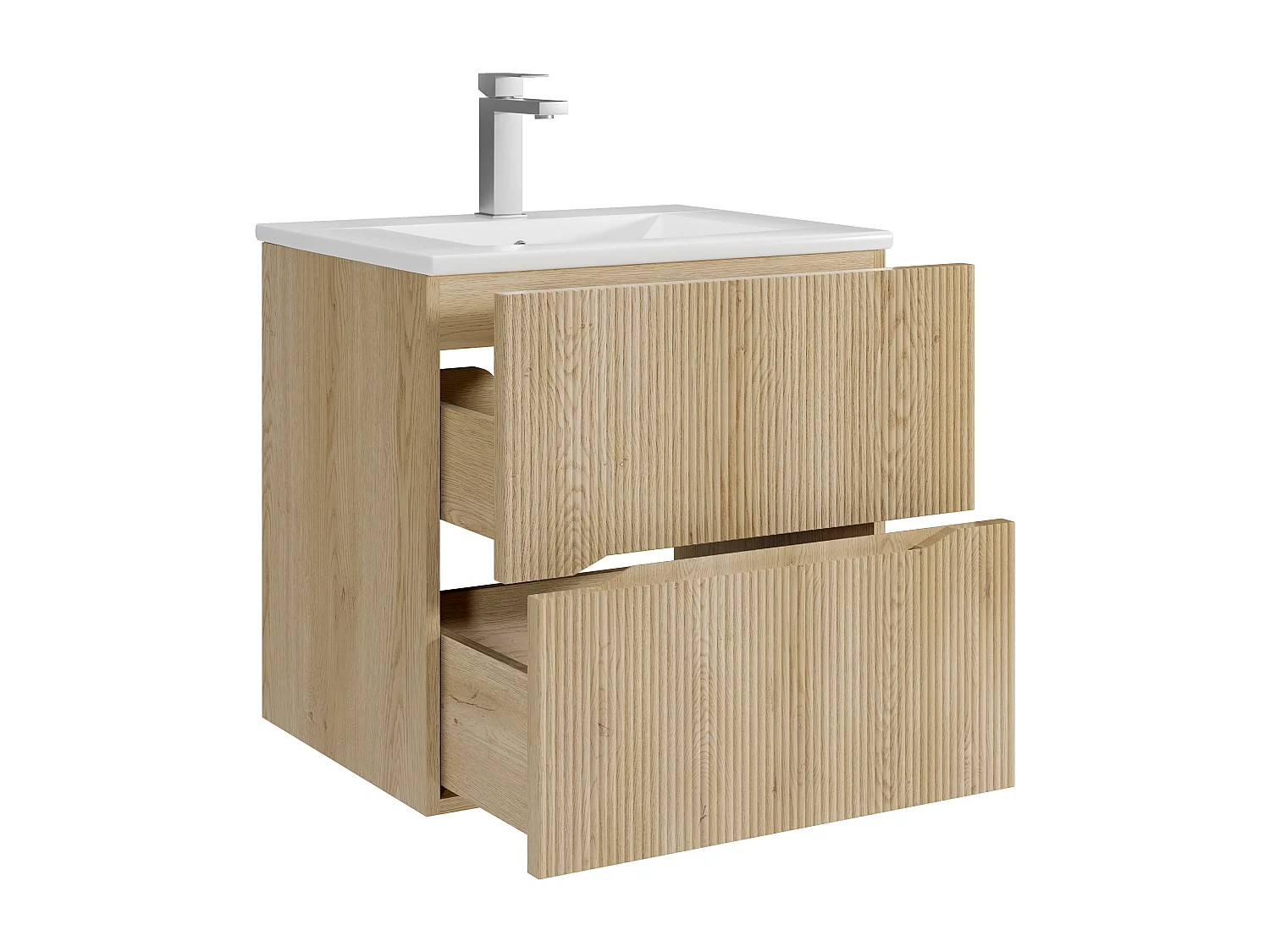 Meuble de salle de bain suspendu strié avec vasque à encastrer et robinet - Naturel clair - 60 cm - ORISO