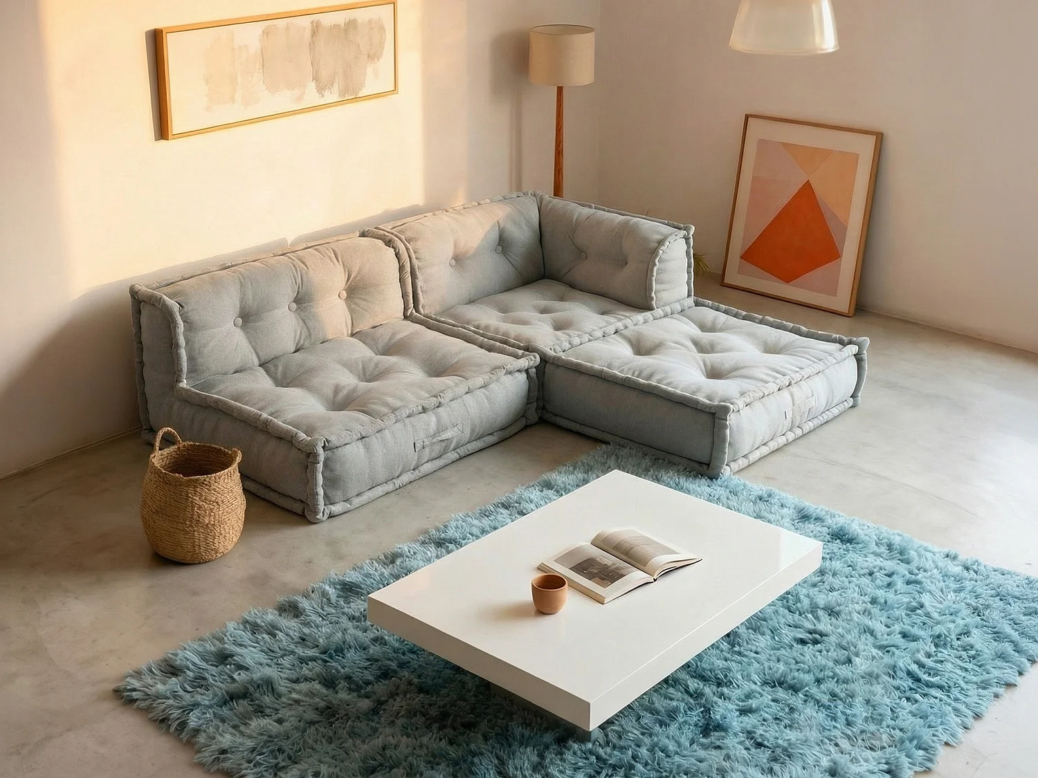 Canapé d'angle ouvert modulable en tissu gris DIROLA