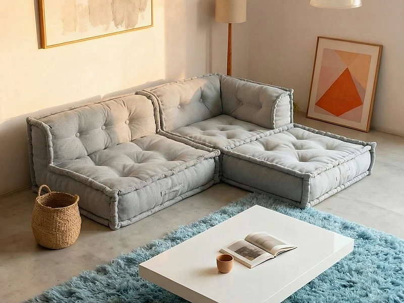 Canapé d'angle ouvert modulable en tissu gris DIROLA