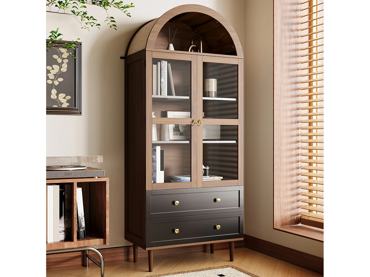 Retro-modernes Aufbewahrungsmöbel aus gebogenem Glas – 70 x 38 x 168 cm – mit 2 Schubladen – Glas + MDF – braun