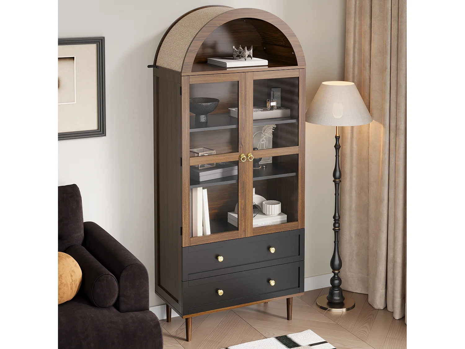 Retro-modernes Aufbewahrungsmöbel aus gebogenem Glas – 70 x 38 x 168 cm – mit 2 Schubladen – Glas + MDF – braun