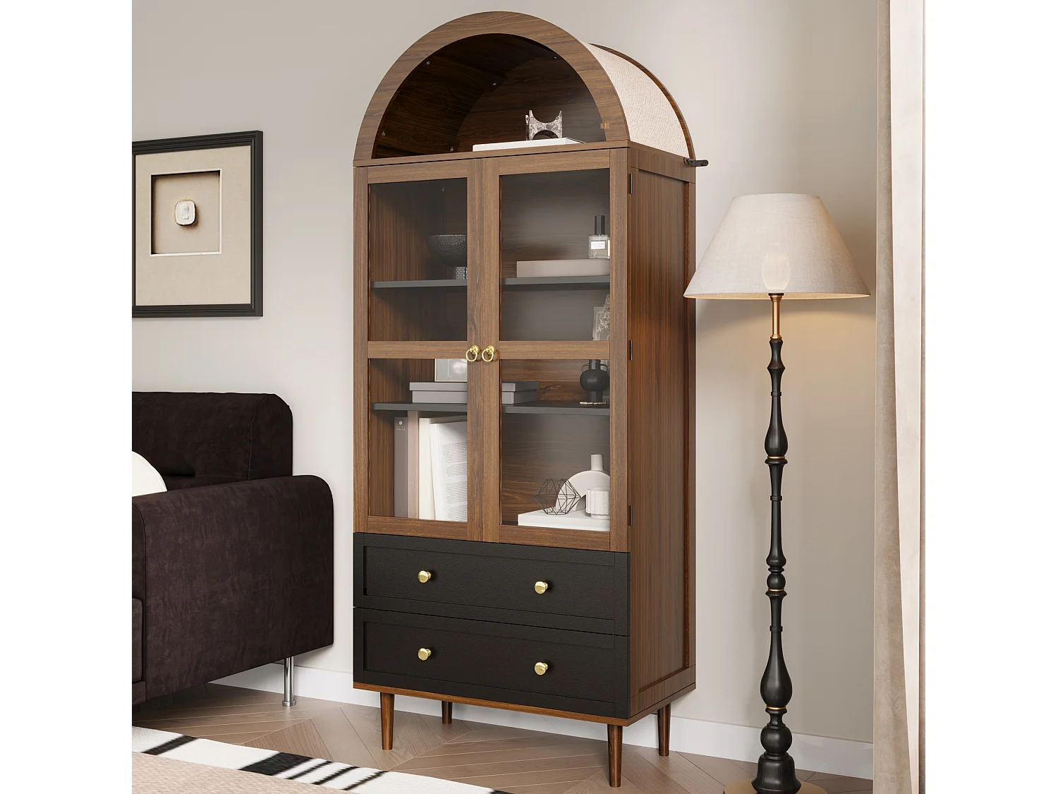 Retro-modernes Aufbewahrungsmöbel aus gebogenem Glas – 70 x 38 x 168 cm – mit 2 Schubladen – Glas + MDF – braun