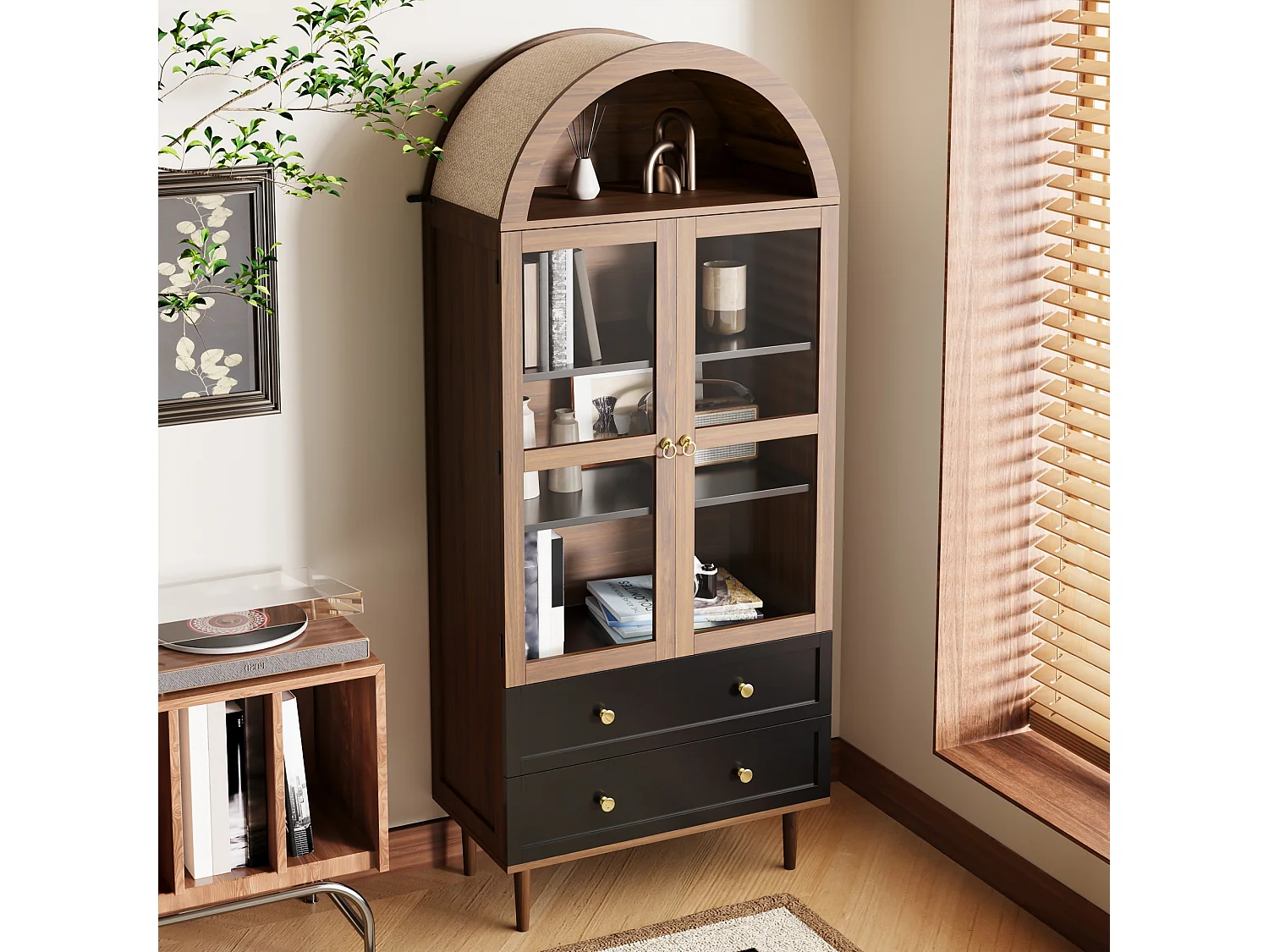 Retro-modern opbergmeubel van gebogen glas - 70 x 38 x 168 cm - met 2 lades - glas + MDF - bruin