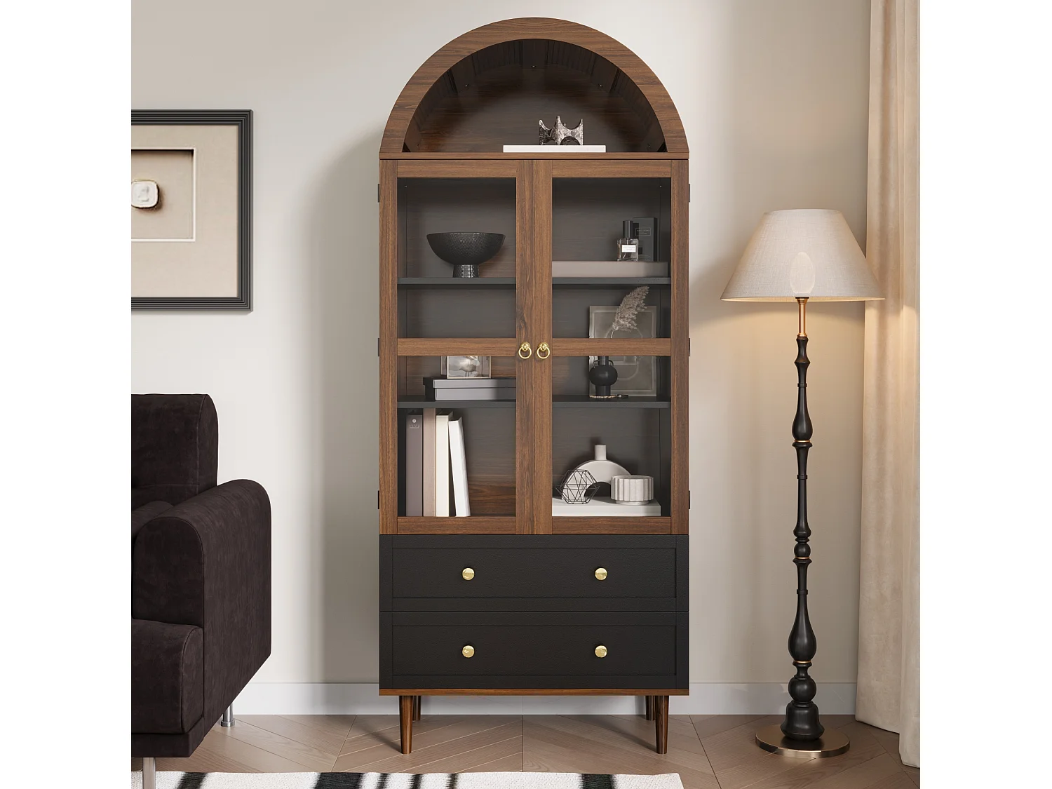 Retro-modern opbergmeubel van gebogen glas - 70 x 38 x 168 cm - met 2 lades - glas + MDF - bruin