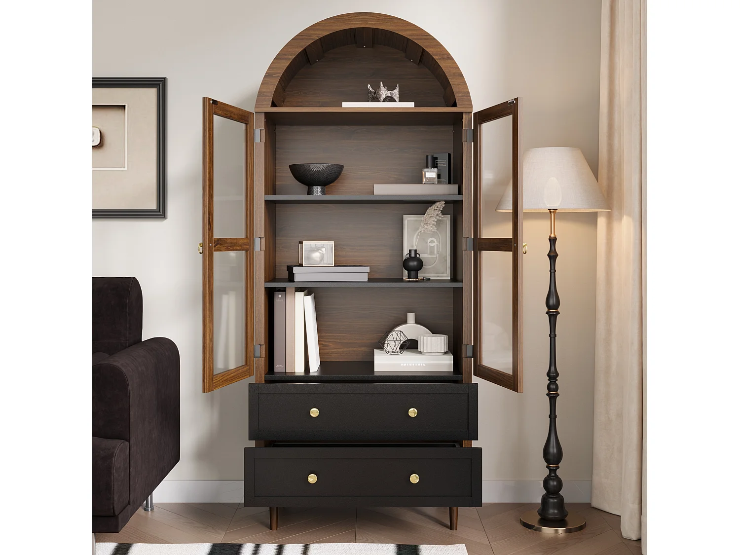 Retro-modern opbergmeubel van gebogen glas - 70 x 38 x 168 cm - met 2 lades - glas + MDF - bruin