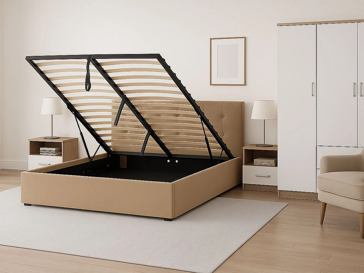 Cama De Casal River, Estrado Elevatório (bege)(190×140 Cm)