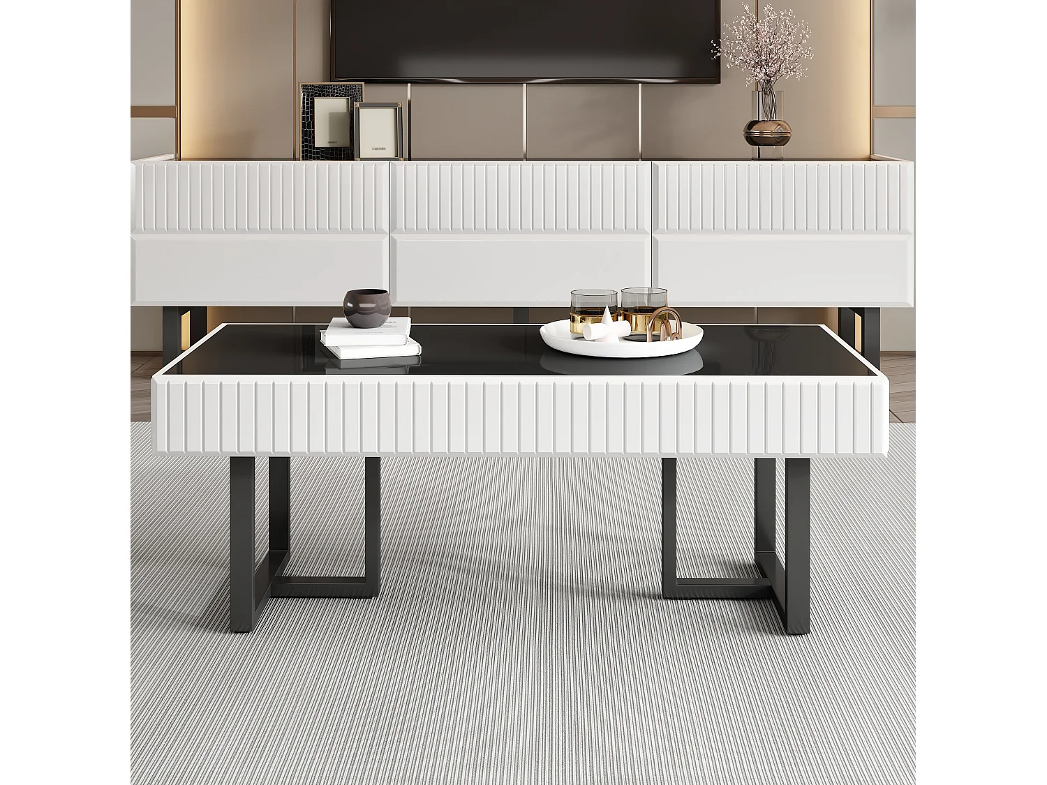 Woonkamermeubelset - salontafel + tv-meubel met 3 lades - MDF + spaanplaat - zwart + wit