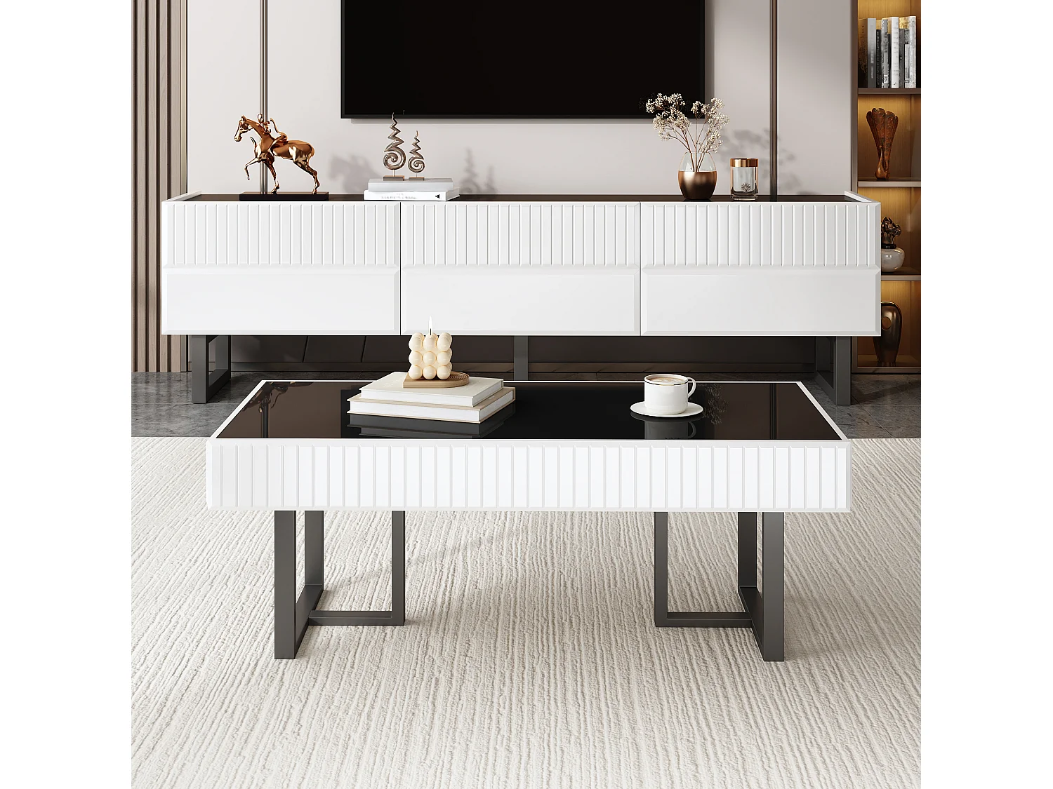 Woonkamermeubelset - salontafel + tv-meubel met 3 lades - MDF + spaanplaat - zwart + wit