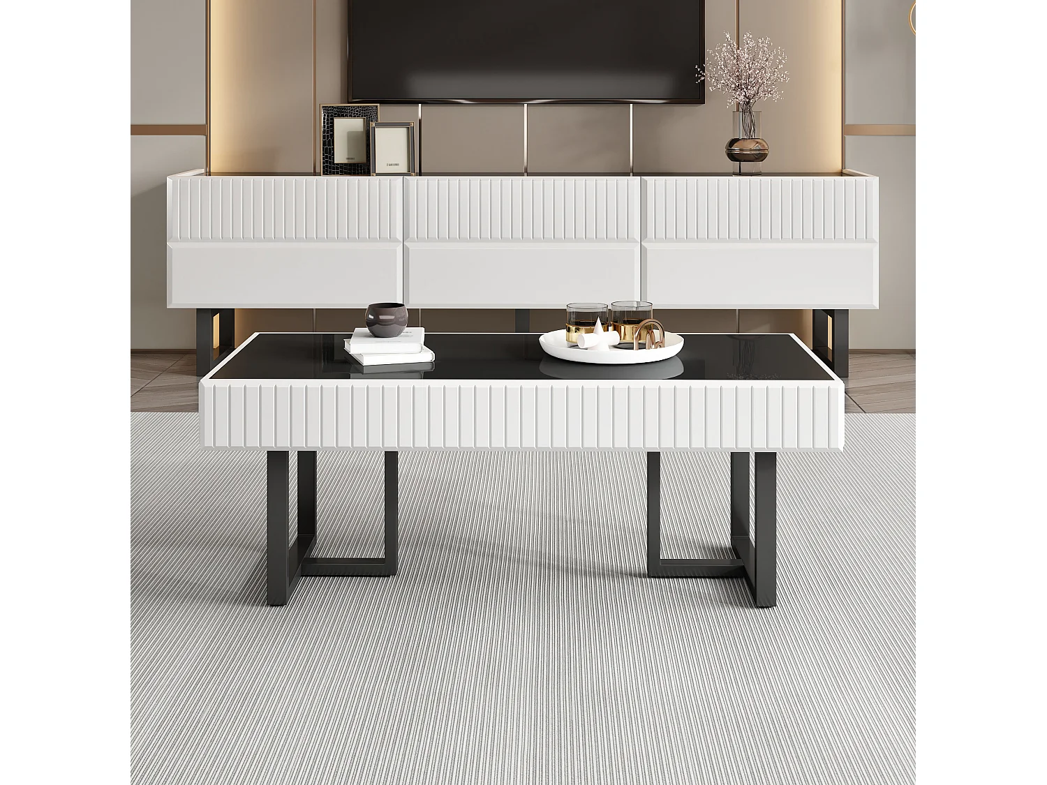 Woonkamermeubelset - salontafel + tv-meubel met 3 lades - MDF + spaanplaat - zwart + wit