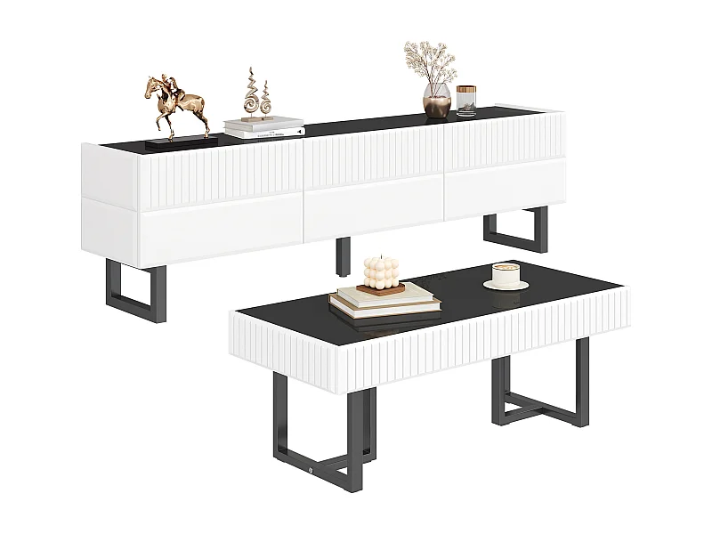 Woonkamermeubelset - salontafel + tv-meubel met 3 lades - MDF + spaanplaat - zwart + wit