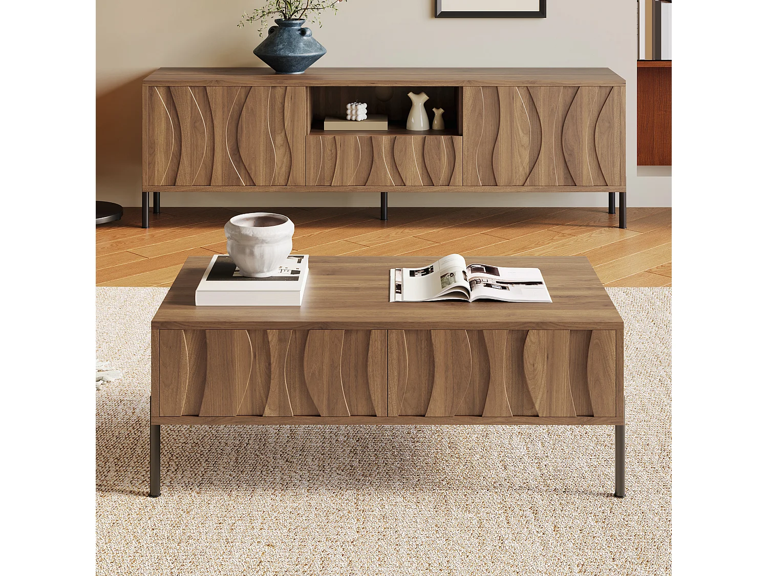 Salontafel en tv-meubelset van massief hout met golvend patroon - met deuren en lades - MDF - naturel