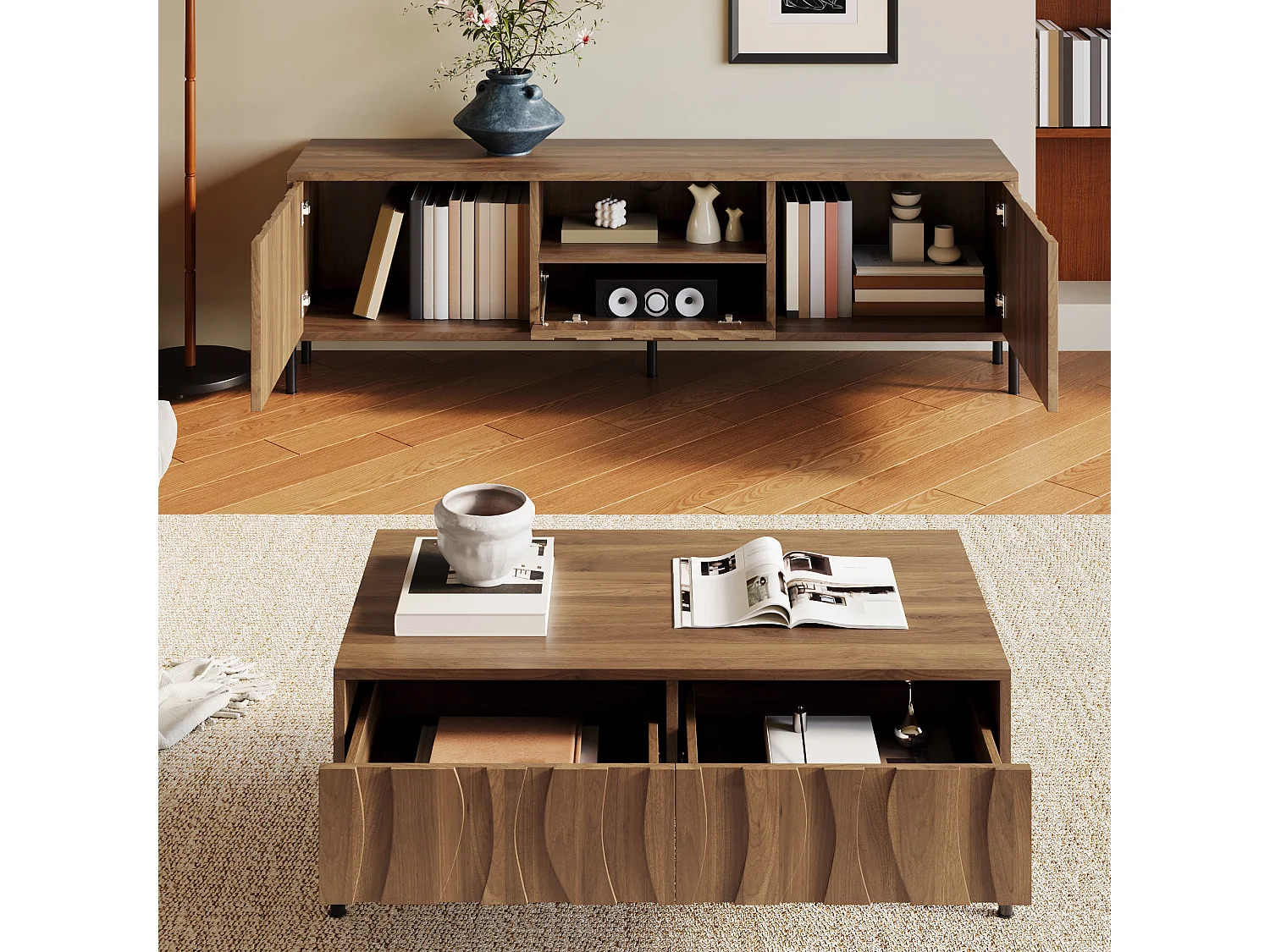 Salontafel en tv-meubelset van massief hout met golvend patroon - met deuren en lades - MDF - naturel