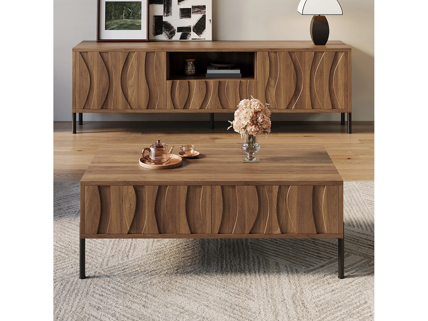 Salontafel en tv-meubelset van massief hout met golvend patroon - met deuren en lades - MDF - naturel