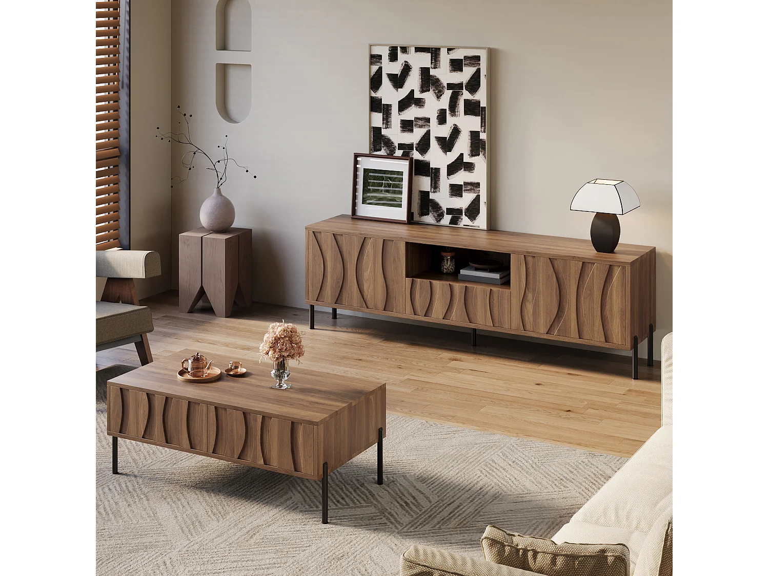 Salontafel en tv-meubelset van massief hout met golvend patroon - met deuren en lades - MDF - naturel