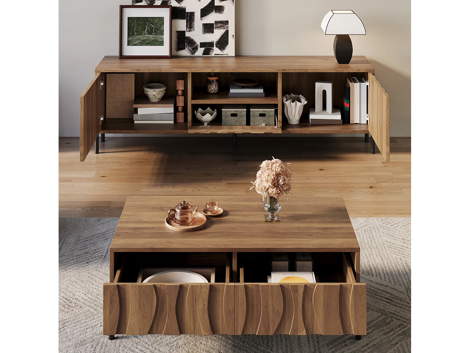 Salontafel en tv-meubelset van massief hout met golvend patroon - met deuren en lades - MDF - naturel