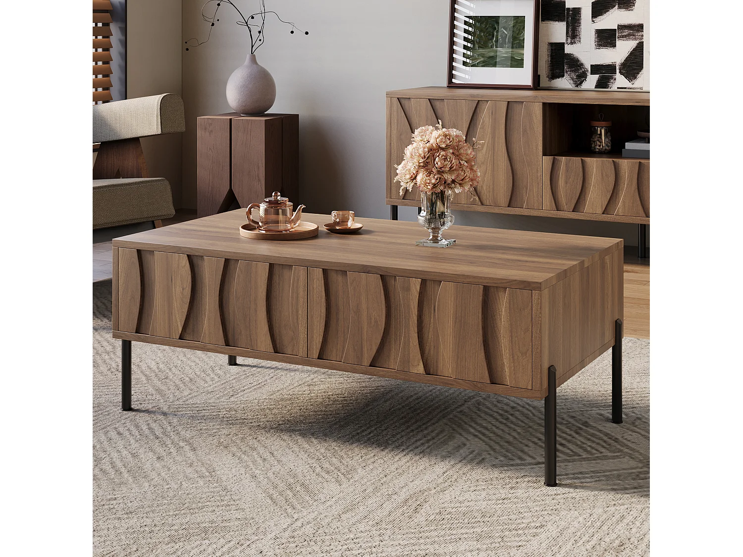 Salontafel en tv-meubelset van massief hout met golvend patroon - met deuren en lades - MDF - naturel