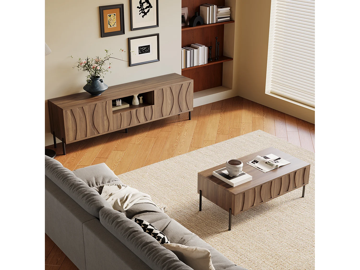 Salontafel en tv-meubelset van massief hout met golvend patroon - met deuren en lades - MDF - naturel
