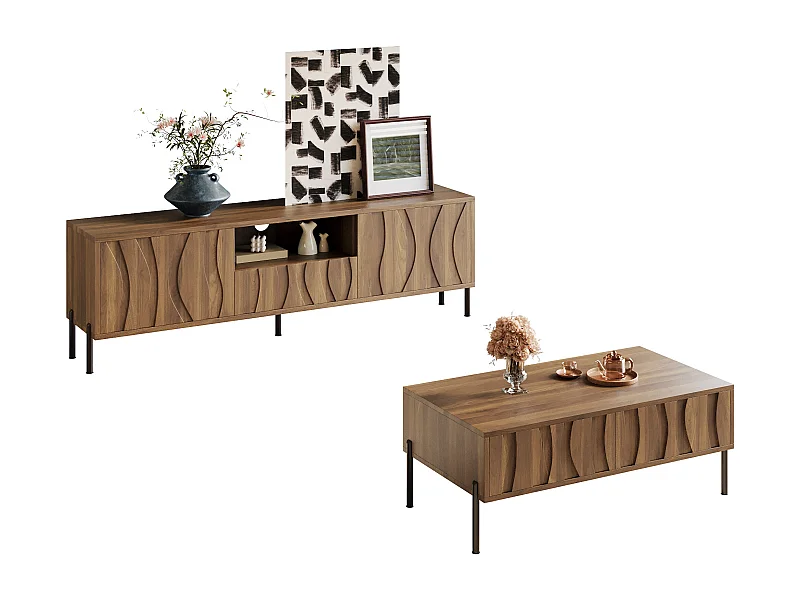 Salontafel en tv-meubelset van massief hout met golvend patroon - met deuren en lades - MDF - naturel