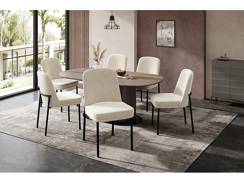 Set van 6 stoelen met zwarte metalen poten - Beige fluweel