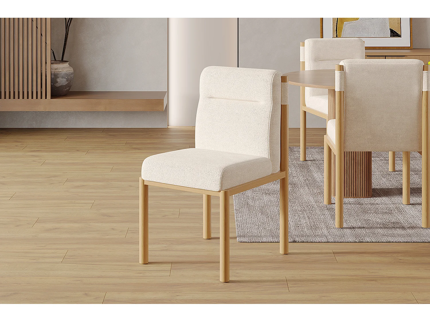 Lot de 2 chaises tissu en sherpa beige- Sièges épais - Pieds en bois