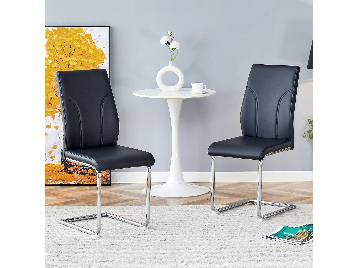 Lot de 2 chaises noire en simili cuir PU - Pieds en métal argenté