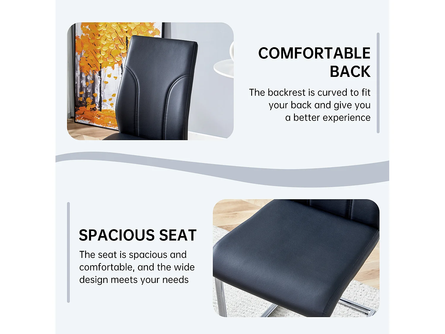 Lot de 2 chaises noire en simili cuir PU - Pieds en métal argenté